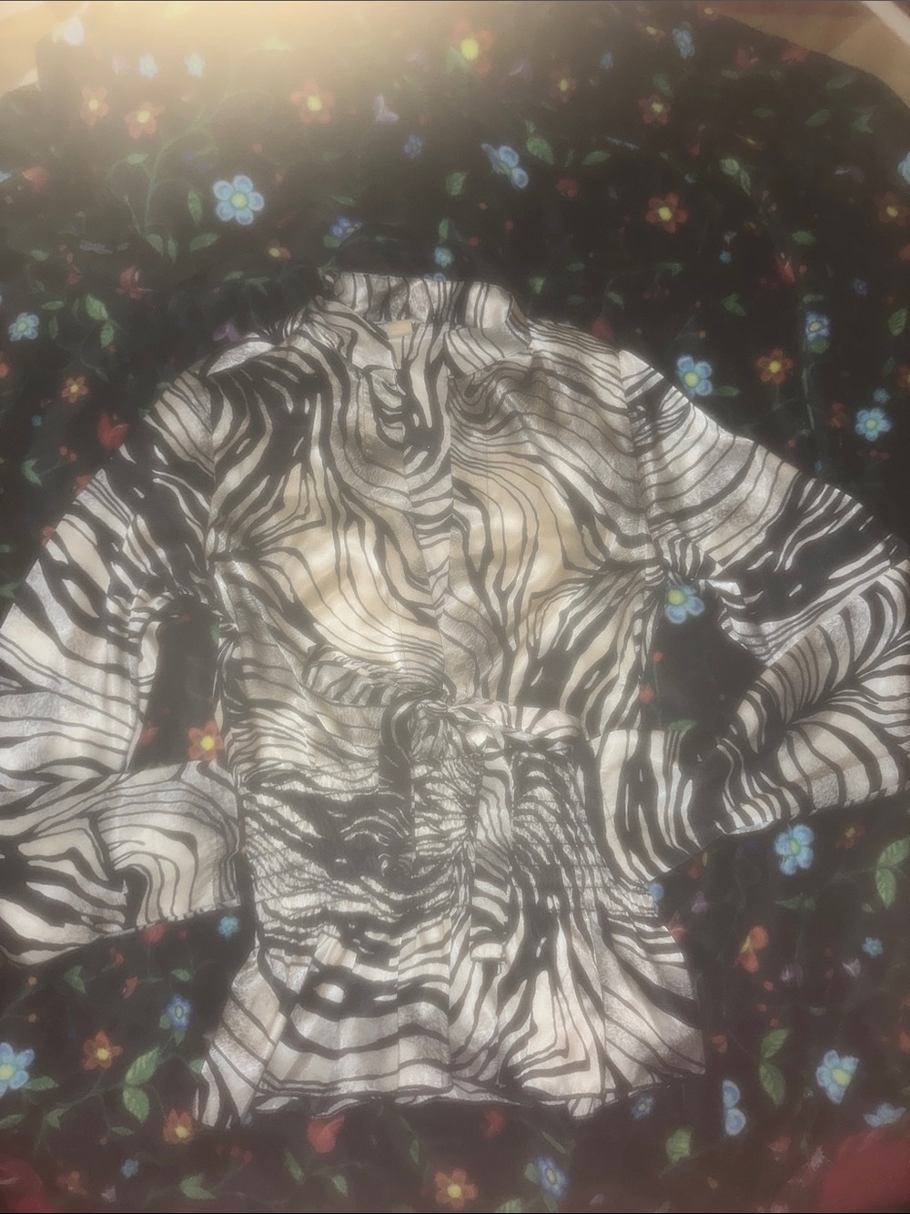 Zebra-Print Button-Down Tie-Waist Shirt - Black & White